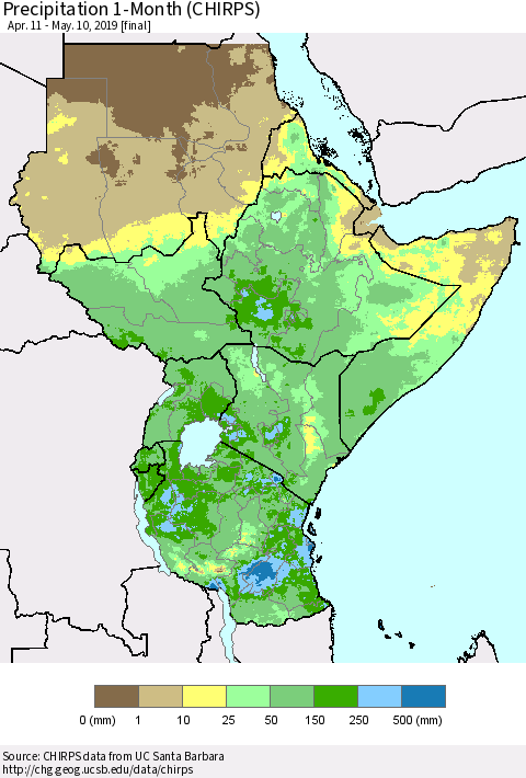 Eastern Africa Precipitation 1-Month (CHIRPS) Thematic Map For 4/11/2019 - 5/10/2019