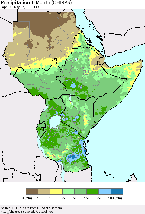 Eastern Africa Precipitation 1-Month (CHIRPS) Thematic Map For 4/16/2019 - 5/15/2019