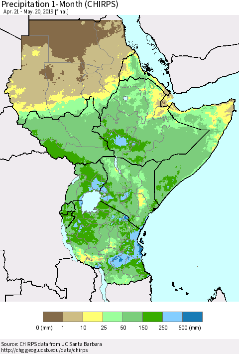 Eastern Africa Precipitation 1-Month (CHIRPS) Thematic Map For 4/21/2019 - 5/20/2019