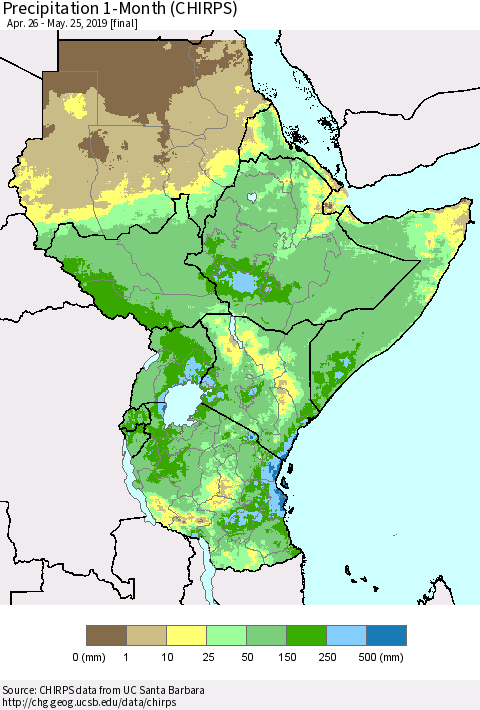 Eastern Africa Precipitation 1-Month (CHIRPS) Thematic Map For 4/26/2019 - 5/25/2019