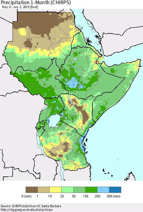 Eastern Africa Precipitation 1-Month (CHIRPS) Thematic Map For 5/6/2019 - 6/5/2019