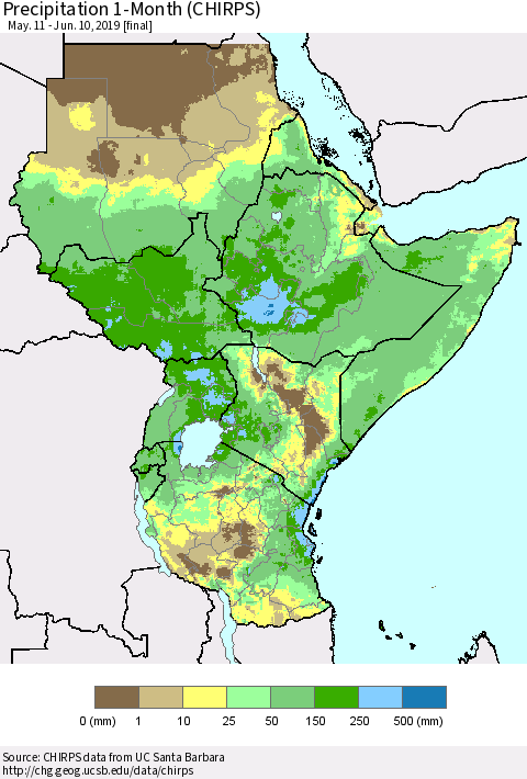 Eastern Africa Precipitation 1-Month (CHIRPS) Thematic Map For 5/11/2019 - 6/10/2019