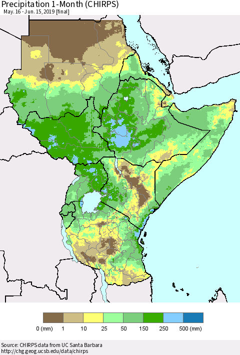 Eastern Africa Precipitation 1-Month (CHIRPS) Thematic Map For 5/16/2019 - 6/15/2019