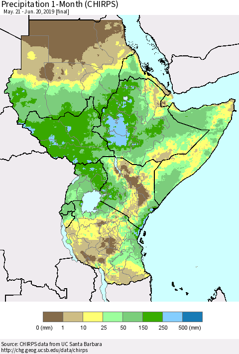 Eastern Africa Precipitation 1-Month (CHIRPS) Thematic Map For 5/21/2019 - 6/20/2019