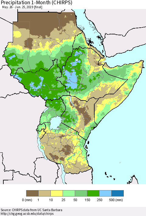 Eastern Africa Precipitation 1-Month (CHIRPS) Thematic Map For 5/26/2019 - 6/25/2019