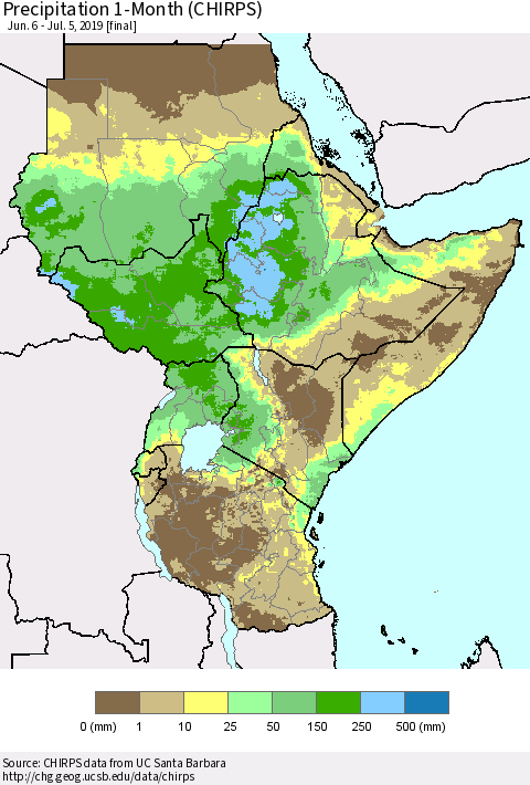 Eastern Africa Precipitation 1-Month (CHIRPS) Thematic Map For 6/6/2019 - 7/5/2019