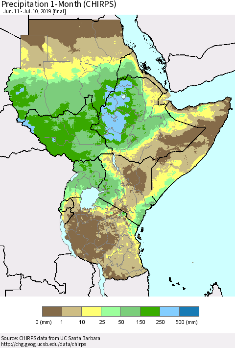 Eastern Africa Precipitation 1-Month (CHIRPS) Thematic Map For 6/11/2019 - 7/10/2019