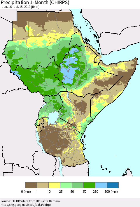 Eastern Africa Precipitation 1-Month (CHIRPS) Thematic Map For 6/16/2019 - 7/15/2019