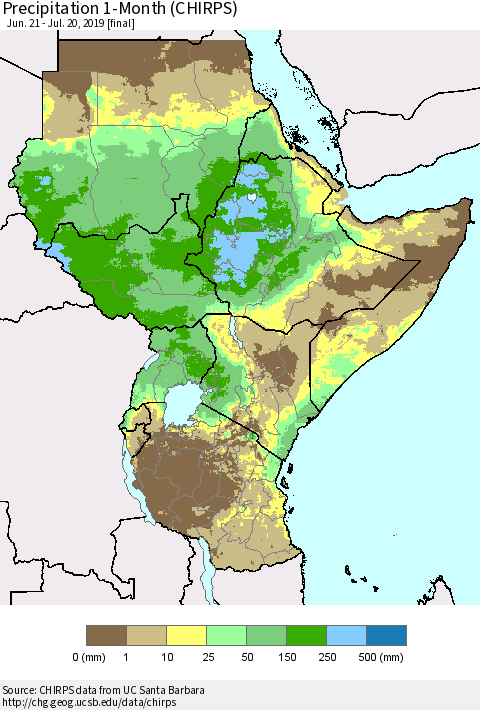 Eastern Africa Precipitation 1-Month (CHIRPS) Thematic Map For 6/21/2019 - 7/20/2019