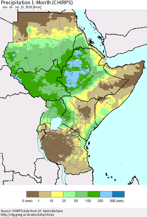 Eastern Africa Precipitation 1-Month (CHIRPS) Thematic Map For 6/26/2019 - 7/25/2019