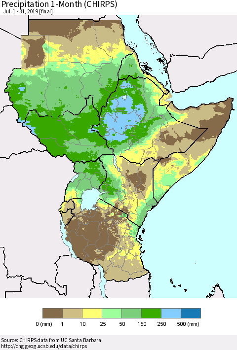 Eastern Africa Precipitation 1-Month (CHIRPS) Thematic Map For 7/1/2019 - 7/31/2019