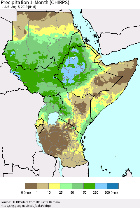 Eastern Africa Precipitation 1-Month (CHIRPS) Thematic Map For 7/6/2019 - 8/5/2019