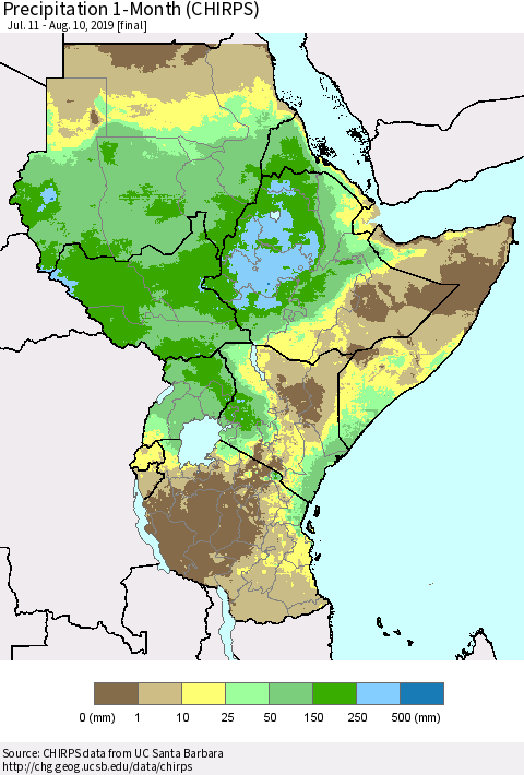 Eastern Africa Precipitation 1-Month (CHIRPS) Thematic Map For 7/11/2019 - 8/10/2019
