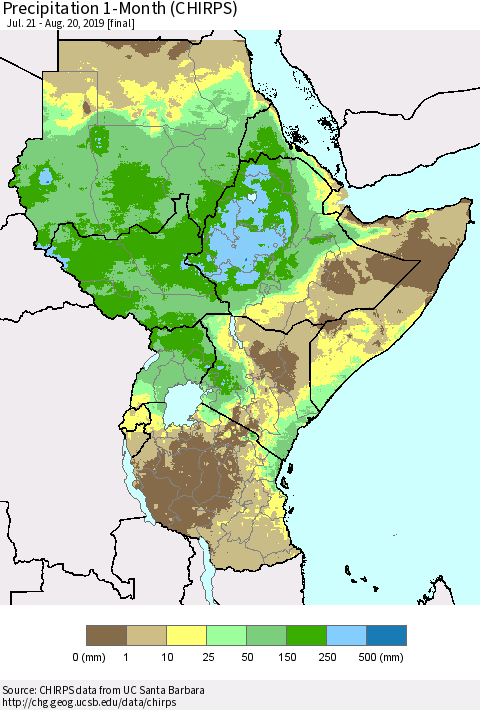 Eastern Africa Precipitation 1-Month (CHIRPS) Thematic Map For 7/21/2019 - 8/20/2019