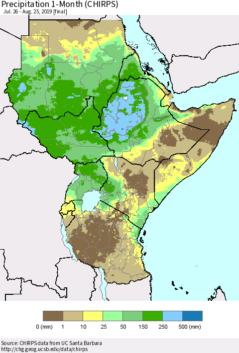 Eastern Africa Precipitation 1-Month (CHIRPS) Thematic Map For 7/26/2019 - 8/25/2019
