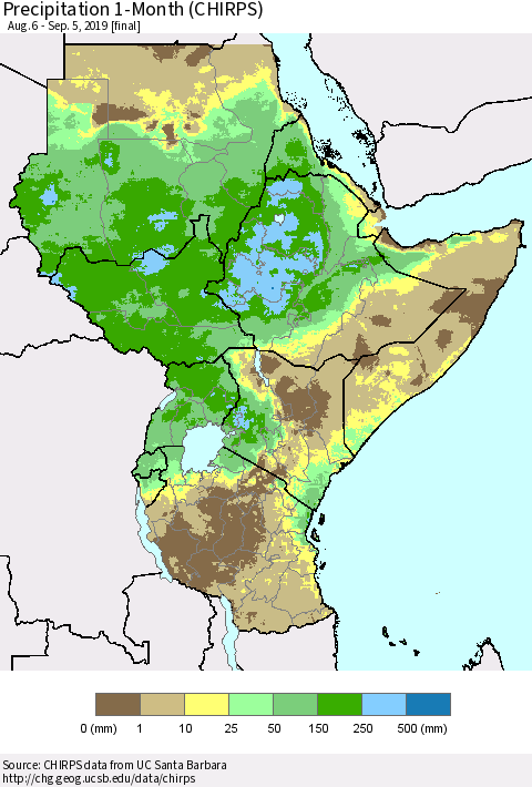 Eastern Africa Precipitation 1-Month (CHIRPS) Thematic Map For 8/6/2019 - 9/5/2019