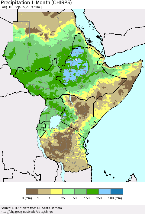 Eastern Africa Precipitation 1-Month (CHIRPS) Thematic Map For 8/16/2019 - 9/15/2019