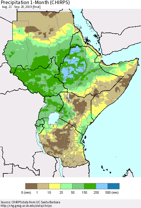 Eastern Africa Precipitation 1-Month (CHIRPS) Thematic Map For 8/21/2019 - 9/20/2019