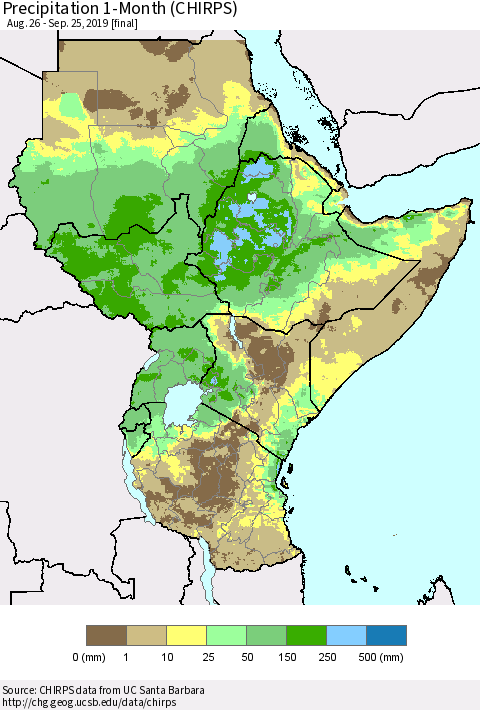 Eastern Africa Precipitation 1-Month (CHIRPS) Thematic Map For 8/26/2019 - 9/25/2019