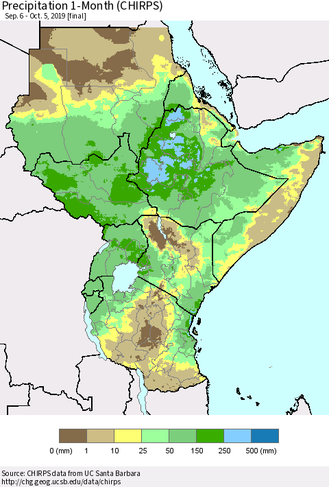 Eastern Africa Precipitation 1-Month (CHIRPS) Thematic Map For 9/6/2019 - 10/5/2019