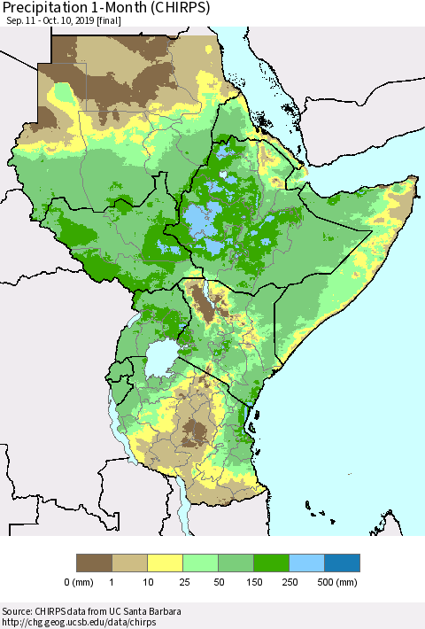 Eastern Africa Precipitation 1-Month (CHIRPS) Thematic Map For 9/11/2019 - 10/10/2019