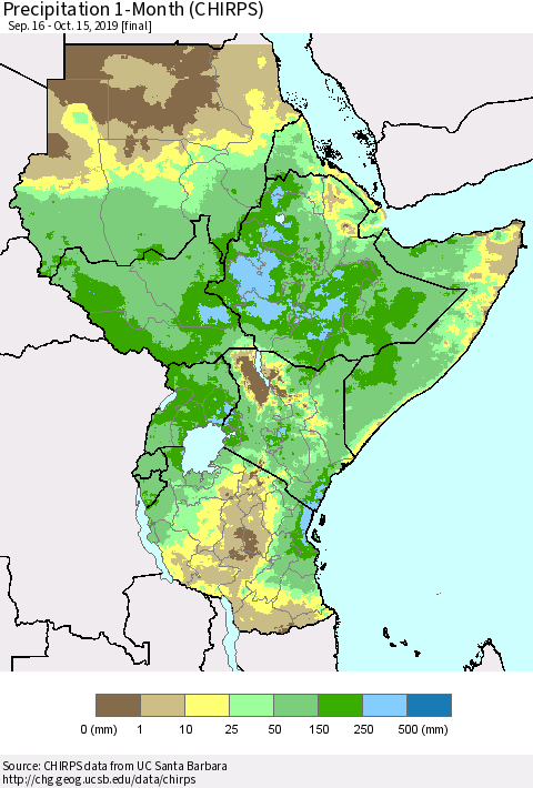 Eastern Africa Precipitation 1-Month (CHIRPS) Thematic Map For 9/16/2019 - 10/15/2019