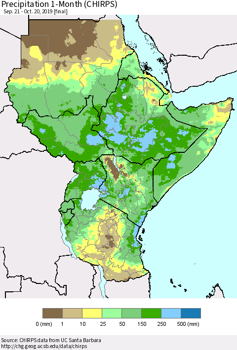 Eastern Africa Precipitation 1-Month (CHIRPS) Thematic Map For 9/21/2019 - 10/20/2019