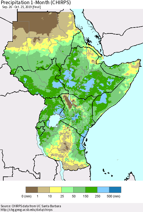 Eastern Africa Precipitation 1-Month (CHIRPS) Thematic Map For 9/26/2019 - 10/25/2019