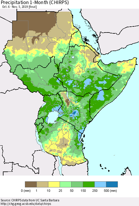Eastern Africa Precipitation 1-Month (CHIRPS) Thematic Map For 10/6/2019 - 11/5/2019