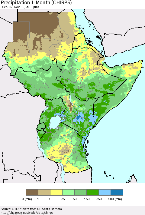 Eastern Africa Precipitation 1-Month (CHIRPS) Thematic Map For 10/16/2019 - 11/15/2019