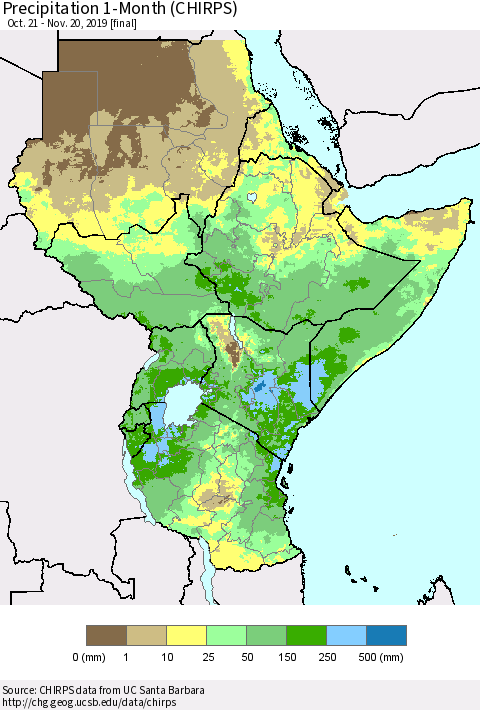 Eastern Africa Precipitation 1-Month (CHIRPS) Thematic Map For 10/21/2019 - 11/20/2019