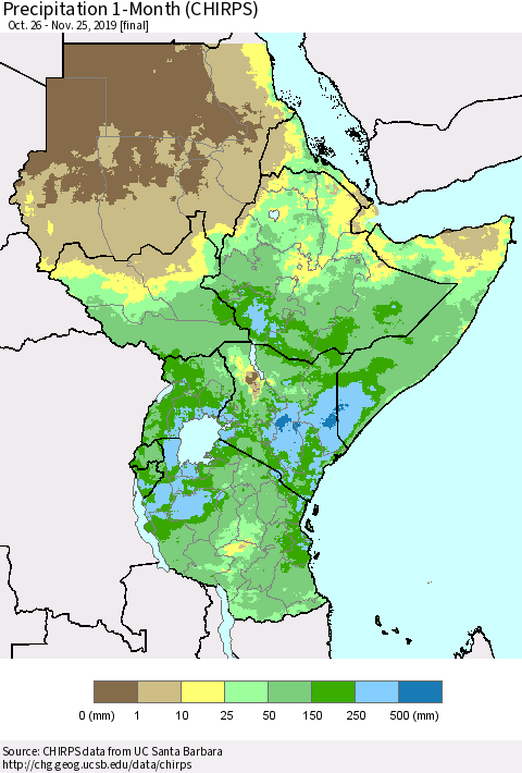 Eastern Africa Precipitation 1-Month (CHIRPS) Thematic Map For 10/26/2019 - 11/25/2019