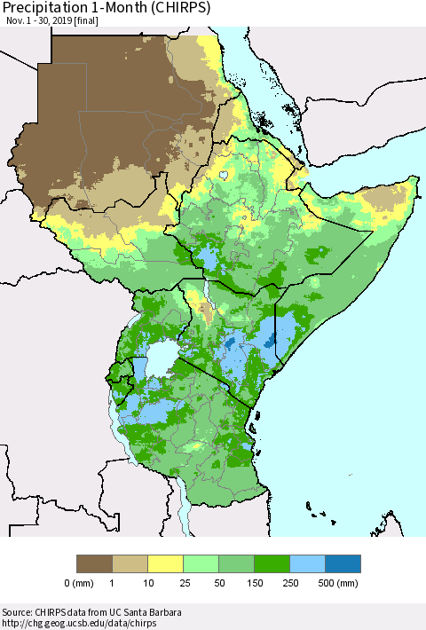 Eastern Africa Precipitation 1-Month (CHIRPS) Thematic Map For 11/1/2019 - 11/30/2019