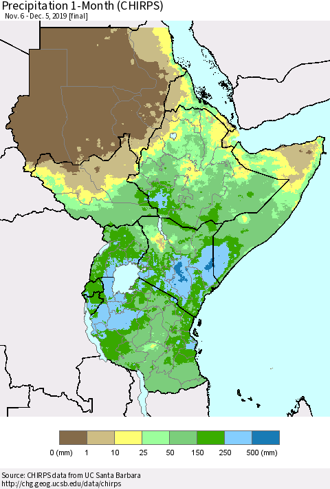 Eastern Africa Precipitation 1-Month (CHIRPS) Thematic Map For 11/6/2019 - 12/5/2019