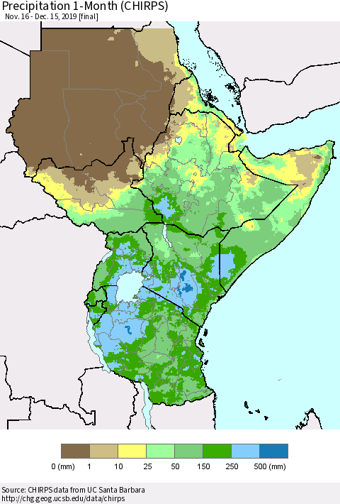 Eastern Africa Precipitation 1-Month (CHIRPS) Thematic Map For 11/16/2019 - 12/15/2019