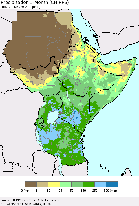 Eastern Africa Precipitation 1-Month (CHIRPS) Thematic Map For 11/21/2019 - 12/20/2019