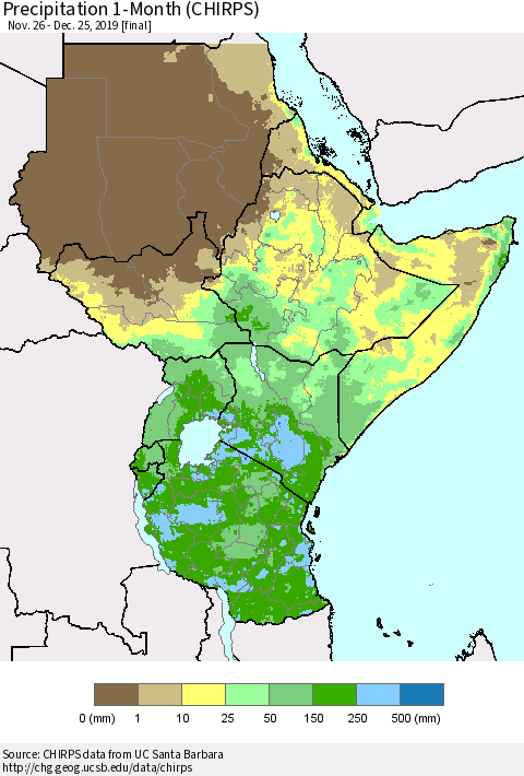Eastern Africa Precipitation 1-Month (CHIRPS) Thematic Map For 11/26/2019 - 12/25/2019