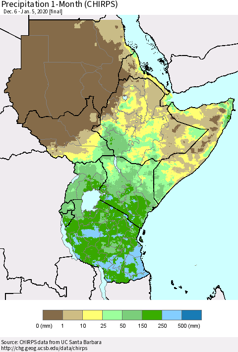 Eastern Africa Precipitation 1-Month (CHIRPS) Thematic Map For 12/6/2019 - 1/5/2020