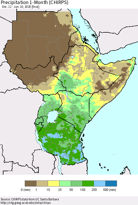 Eastern Africa Precipitation 1-Month (CHIRPS) Thematic Map For 12/11/2019 - 1/10/2020