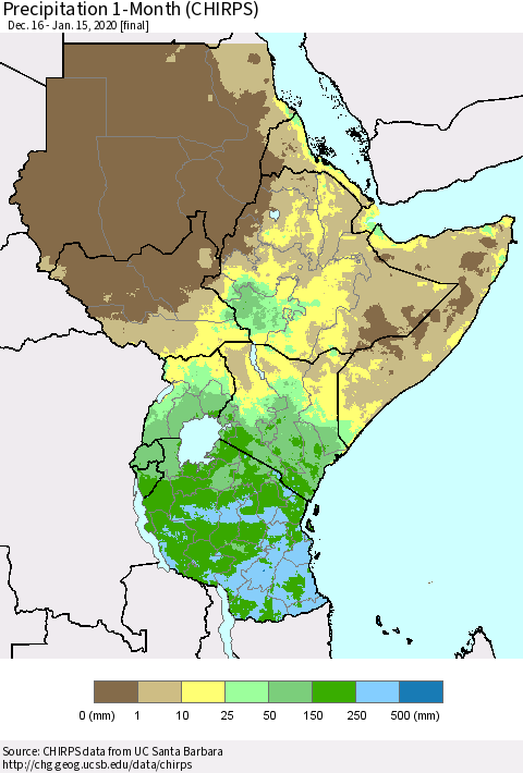 Eastern Africa Precipitation 1-Month (CHIRPS) Thematic Map For 12/16/2019 - 1/15/2020