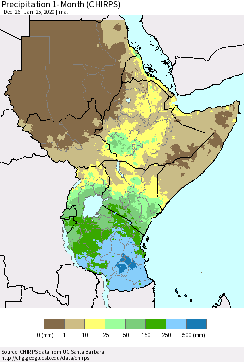 Eastern Africa Precipitation 1-Month (CHIRPS) Thematic Map For 12/26/2019 - 1/25/2020