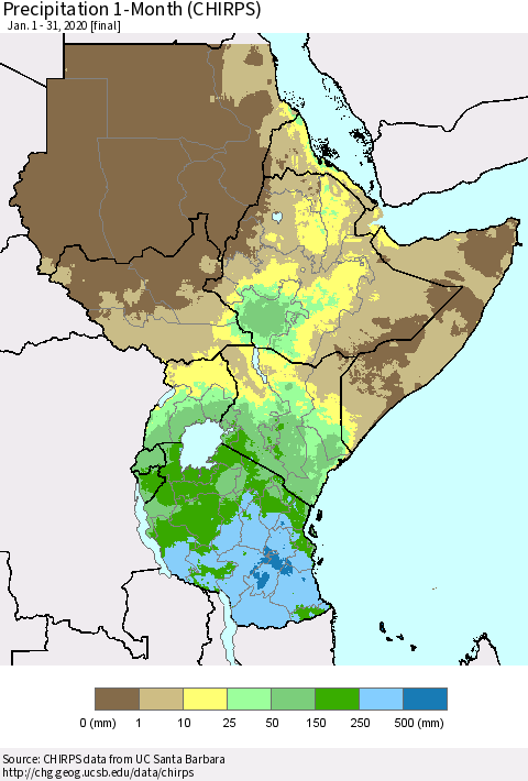 Eastern Africa Precipitation 1-Month (CHIRPS) Thematic Map For 1/1/2020 - 1/31/2020