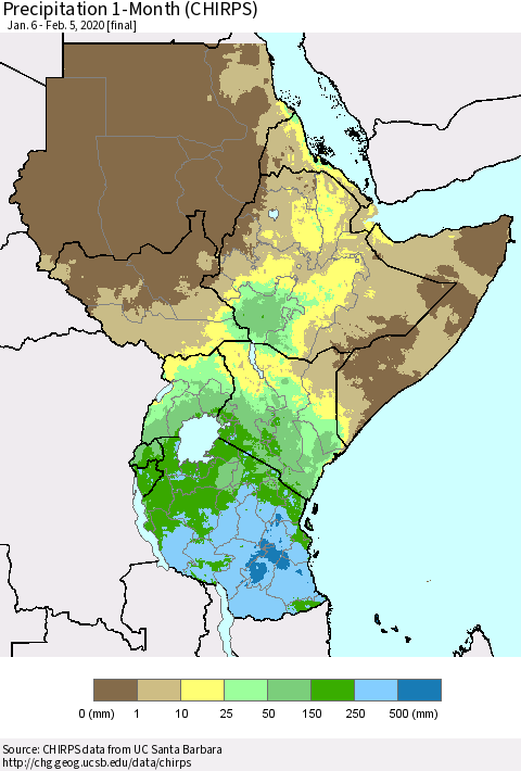 Eastern Africa Precipitation 1-Month (CHIRPS) Thematic Map For 1/6/2020 - 2/5/2020
