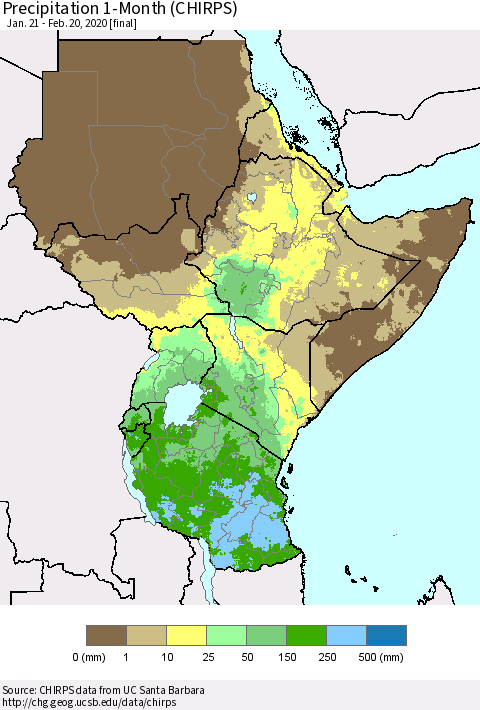 Eastern Africa Precipitation 1-Month (CHIRPS) Thematic Map For 1/21/2020 - 2/20/2020