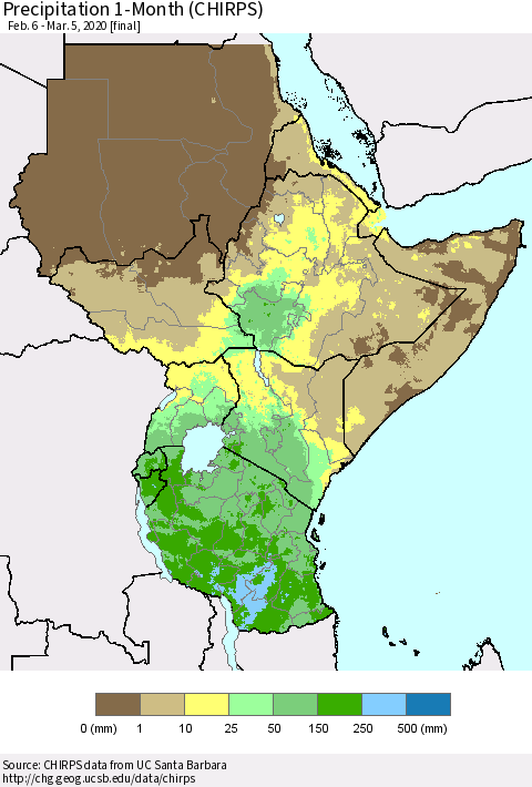 Eastern Africa Precipitation 1-Month (CHIRPS) Thematic Map For 2/6/2020 - 3/5/2020