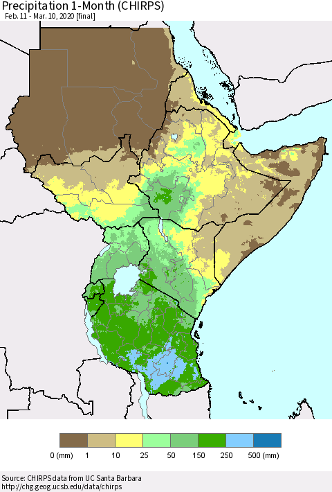 Eastern Africa Precipitation 1-Month (CHIRPS) Thematic Map For 2/11/2020 - 3/10/2020