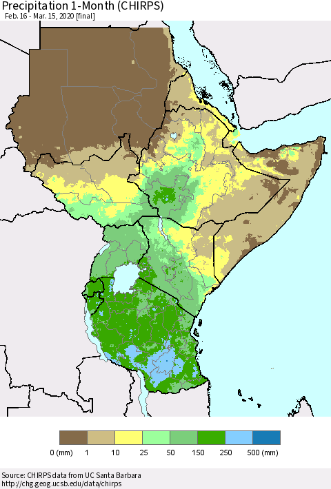 Eastern Africa Precipitation 1-Month (CHIRPS) Thematic Map For 2/16/2020 - 3/15/2020