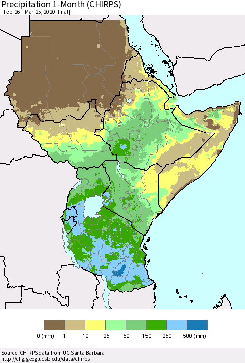 Eastern Africa Precipitation 1-Month (CHIRPS) Thematic Map For 2/26/2020 - 3/25/2020