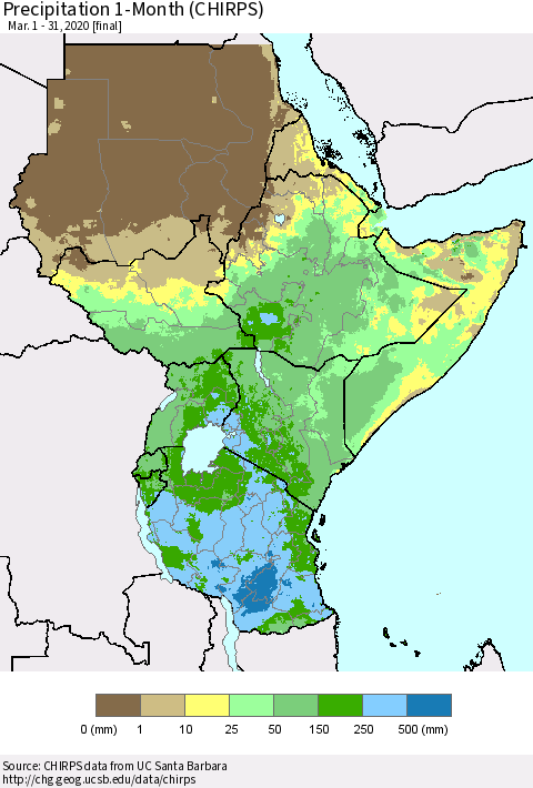 Eastern Africa Precipitation 1-Month (CHIRPS) Thematic Map For 3/1/2020 - 3/31/2020