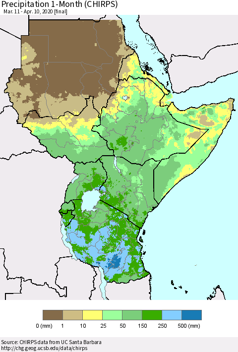 Eastern Africa Precipitation 1-Month (CHIRPS) Thematic Map For 3/11/2020 - 4/10/2020